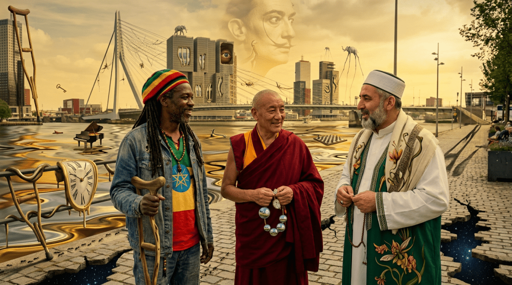 Men in Rastafarian, Buddhist monk, and Islamic attire talking by Rotterdam waterfront